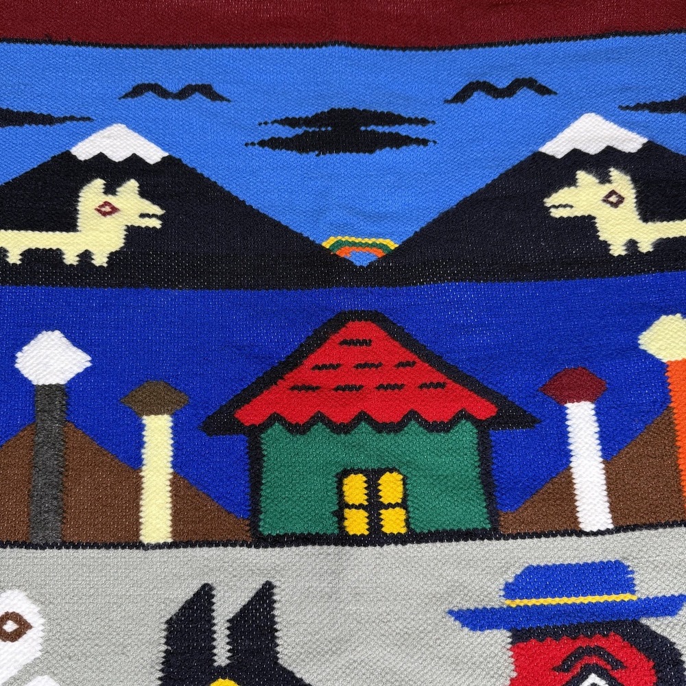 Vintage Peruvian Tapestry Hand Woven Wool Farm Landscape South America 25 X 41 - Picture 4 of 9